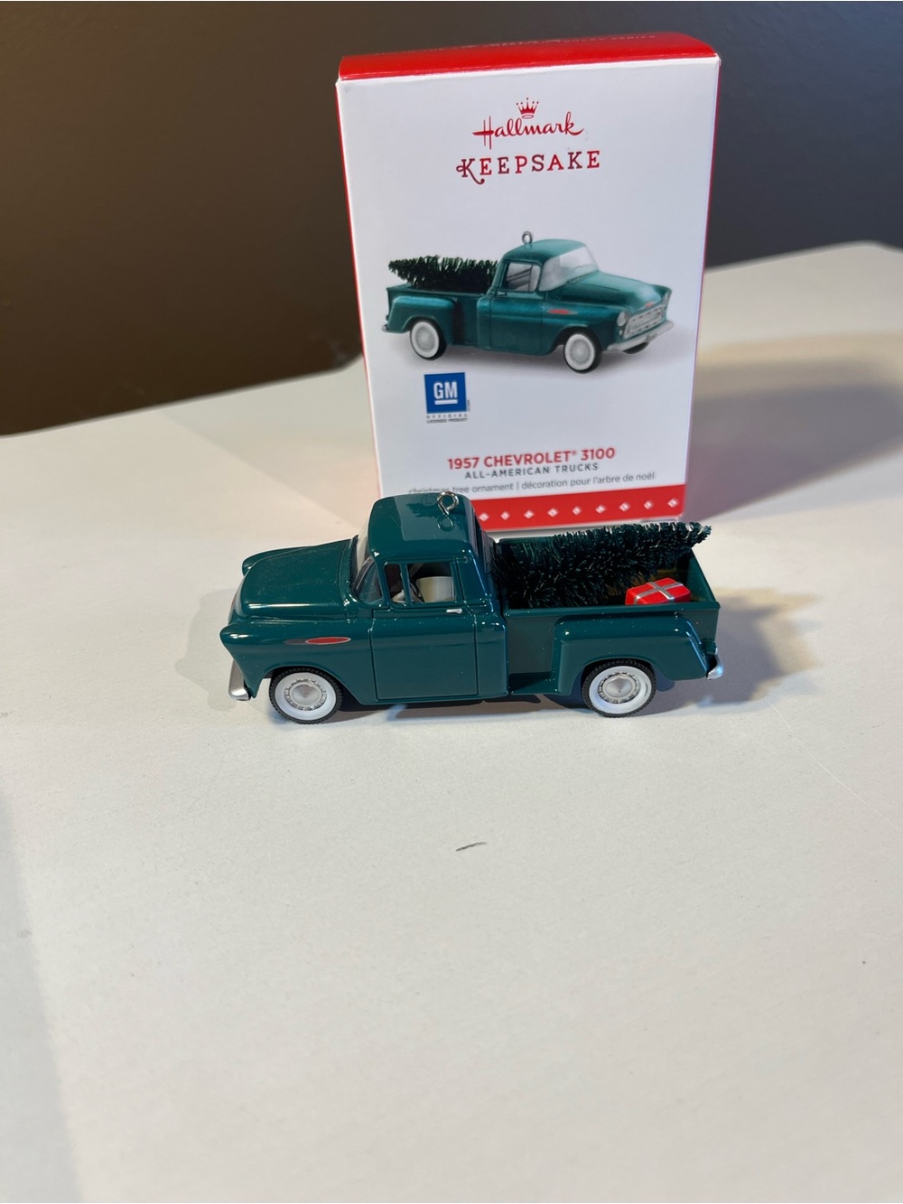 Hallmark Teal Green 1957 Chevrolet 3100 Pickup Ornament with Mini Tree